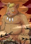  2019 anthro balls belly blush brown_fur fur geld_(that_time_i_got_reincarnated_as_a_slime) humanoid_hands humanoid_penis male mammal mohawk moobs navel nipples overweight overweight_male penis sitting solo suid suina sus_(pig) that_time_i_got_reincarnated_as_a_slime tiri_mama water wild_boar 