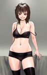  areolae bra breasts brown_eyes brown_hair cleavage curvy derivative_work ebisui grin large_breasts lingerie midriff nipple_slip nipples original see-through short_hair short_shorts shorts smile solo strap_slip thighhighs underwear wide_hips 