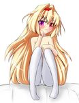 bad_id bad_pixiv_id bed blonde_hair blush copyright_request grune hairband heterochromia long_hair pantyhose simple_background sitting solo topless white_legwear 