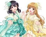  2girls aqua_dress bangs black_hair blunt_bangs blush brown_eyes brown_hair cowboy_shot dress earrings eyebrows_visible_through_hair flower fujiwara_hajime furisode hair_flower hair_ornament hand_holding highres idolmaster idolmaster_cinderella_girls idolmaster_cinderella_girls_starlight_stage japanese_clothes jewelry kimono long_hair long_sleeves looking_at_viewer lotus multiple_girls necklace open_mouth pearl_necklace sanshi_suimei simple_background sirurabbit smile sparkle very_long_hair white_background wide_sleeves yellow_dress yorita_yoshino 