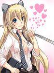  blonde_hair blue_eyes breasts cleavage druaga_no_tou fatina gin'ichi_(akacia) large_breasts long_hair necktie open_clothes open_shirt school_uniform shirt sleeves_rolled_up solo 