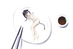  artist_request barefoot black_hair chopsticks copyright_request minigirl on_plate plate solo soy_sauce tail 