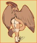  2019 5_fingers anthro avian barefoot big_butt bird black_nails brown_feathers brown_fur brown_pawpads brown_tail butt butt_focus colored_nails digitigrade feathered_wings feathers female fluffy fluffy_tail full-length_portrait fur gryphon hands_above_head humanoid_hands multicolored_fur multicolored_tail nude orange_border owl pawpads paws pinup pointy_ears portrait pose rear_view signature simple_background slightly_chubby solo sona_(noxiis) spread_wings stretching tan_fur tifa_(artist) wide_hips wings 