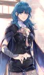  1girl arm_at_side armor bangs black_cape black_shorts blue_eyes blue_hair byleth cape closed_mouth cowboy_shot elbow_pads eyebrows_visible_through_hair fire_emblem:_fuukasetsugetsu gate grey_legwear hand_on_hip legwear_under_shorts long_hair looking_at_viewer navel pantyhose print_legwear short_shorts shorts shoulder_armor smile solo sunlight tassel tomoaki_(coconon) vambraces 