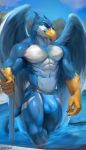  2019 anthro avian beak blue_feathers bulge chunie claws clothed clothing detailed_background digital_media_(artwork) feathered_wings feathers gryphon hi_res jockstrap looking_at_viewer male muscular muscular_male partially_submerged smile solo standing swimming_pool topless underwear wet white_feathers wings 