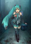  blood blue_hair detached_sleeves hatsune_miku houru long_hair necktie solo thighhighs twintails vocaloid 