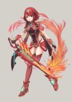  1girl armor bangs blonde_hair breasts earrings fingerless_gloves fire flames gem gloves grey_background hair_ornament headpiece highres homura_(xenoblade_2) jewelry large_breasts long_hair looking_at_viewer nintendo red_eyes red_hair red_shorts short_hair short_shorts shorts simple_background smile solo swept_bangs tiara tsukasa_(tukasa_nn) xenoblade_(series) xenoblade_2 