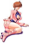  belt boots breasts brown_hair cleavage_cutout dress earrings full_body hair_over_eyes hand_on_hip high_heels jacket jewelry knee_boots large_breasts legs lying mokkouyou_bond on_side pink pink_footwear ponytail shermie shoes simple_background snk solo the_king_of_fighters 