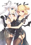 bad_id bad_pixiv_id bat_wings blonde_hair blue_eyes breast_press breasts cleavage cosplay costume_switch demon_girl elbow_gloves gloves h2so4 mabinogi medium_breasts multiple_girls nao_(mabinogi) pointy_ears red_eyes silver_hair succubus succubus_(mabinogi) symmetrical_docking thighhighs wings 