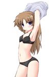  armpits bad_id bad_pixiv_id blue_eyes blush bra brown_hair copyright_request flat_chest grune lingerie long_hair panties simple_background solo underwear underwear_only undressing 