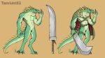  anthro back_spines baldric barefoot belt belt_pouch broadsword claws cloak clothed clothing dungeons_&amp;_dragons green_scales holding_object holding_weapon lizard lizardfolk male melee_weapon mostly_nude multiple_versions nude off/on red_eyes reptile scales scalie seian solo spines standing sword tamlin123 toe_claws weapon 