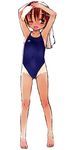  ;d armpits arms_up barefoot blush brown_hair copyright_request feet flat_chest full_body one-piece_swimsuit one-piece_tan one_eye_closed open_mouth red_eyes sasahara_yuuki short_hair smile solo standing swimsuit tan tanline towel 