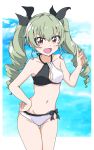  1girl :d anchovy bangs bare_arms bare_shoulders black_bow blue_sky blush bow breasts cleavage cleavage_cutout cloud collarbone commentary_request cowboy_shot day drill_hair girls_und_panzer green_hair groin halterneck hand_on_hip highres index_finger_raised long_hair looking_at_viewer navel open_mouth red_eyes sky small_breasts smile solo stomach thigh_gap twin_drills twintails two-tone_bikini 