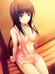  bangs black_hair breasts brown_eyes cleavage coffee-kizoku eyebrows_visible_through_hair large_breasts original sitting solo topless towel 