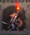  anthro armor breastplate claws clothed clothing dagger detailed_background dungeons_&amp;_dragons fire holding_object holding_weapon horn kezet kingadee kobold male melee_weapon plant red_scales reptile rope scabbard scales scalie scarf sheathed_weapon skull smile solo standing toe_claws torch vambraces weapon 