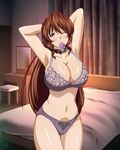  abe_tatsuya arisaka_hatsune bed blue_eyes blush bra breasts brown_hair cleavage collar condom condom_in_mouth highres huge_breasts lingerie long_hair mouth_hold one_eye_closed panties solo third-party_edit tona-gura! underwear underwear_only 