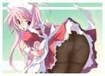  ass bent_over black_legwear blue_eyes copyright_request crotch_seam e=mc2_(mosimosi) glasses maid panties panties_under_pantyhose pantyhose pink_hair solo thighband_pantyhose underwear 