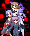  bad_id bad_pixiv_id blue_eyes blue_hair blue_skin blush brown_hair chain choker clothed_female_nude_female collar demon_girl demon_tail demon_wings grune head_wings highres horns lilin_(grune) multiple_girls nude original pointy_ears purple_hair red_eyes succubus tail wings yellow_eyes 