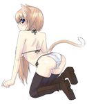  all_fours animal_ears ass bad_id bad_pixiv_id bare_shoulders bent_over blonde_hair blue_eyes blush boots bra brown_hair kneeling lesskiss lingerie long_hair original panties side-tie_panties smile solo tail thighhighs underwear underwear_only 