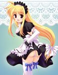  apron ass blonde_hair bow elbow_gloves fate_testarossa gloves long_hair low-tied_long_hair lyrical_nanoha mahou_shoujo_lyrical_nanoha_strikers maid panties rakkyo red_eyes solo striped striped_panties thighhighs thong underwear very_long_hair wrist_cuffs 