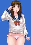  adjusting_eyewear blue_background blue_eyes brown_hair copyright_request glasses long_hair lowres matoyama no_pants oekaki panties school_uniform side-tie_panties solo underwear 