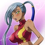  bare_shoulders blush breasts code_geass covered_nipples dark_skin iyou jpeg_artifacts large_breasts long_hair lowres midriff ponytail silver_hair sleeveless sleeveless_turtleneck solo turtleneck villetta_nu yellow_eyes yukkyun 