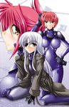  blush bodysuit cinque_(nanoha) eyepatch gloves grey_eyes highres long_hair lyrical_nanoha mahou_shoujo_lyrical_nanoha_strikers multiple_girls nove_(nanoha) numbers'_uniform numbers_(nanoha) red_hair shiny shiny_clothes short_hair skin_tight spandex trench_coat wendi_(nanoha) 