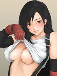  bad_id bad_pixiv_id black_hair breasts brown_eyes cleavage final_fantasy final_fantasy_vii gloves hebameki highres large_breasts long_hair shirt_lift solo teasing tifa_lockhart upper_body 