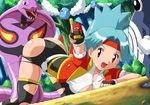  all_fours ass bent_over bike_shorts blue_hair breasts cleavage gloves headband hinata_(pokemon) lowres open_clothes open_shirt pokemoa pokemon purple_eyes shirt skin_tight soara solana spandex thighhighs tight tight_clothes torn_clothes uniform 