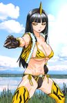  bikini black_hair breasts day fighting_stance genderswap genderswap_(mtf) gloves huge_breasts kamen_rider kamen_rider_den-o_(series) kintaros long_hair muscle side-tie_bikini solo swimsuit thighhighs ueyama_michirou yellow_eyes 