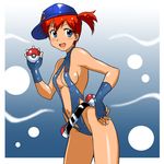  belt blue_eyes breasts cleavage dengeki!_pikachu gloves gym_leader hat highres holding holding_poke_ball kakkii kasumi_(pokemon) navel poke_ball poke_ball_(generic) pokemon ponytail red_hair side_ponytail slingshot_swimsuit small_breasts smile solo swimsuit waist_poke_ball 