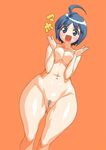  ahoge ass_visible_through_thighs blue_hair blush breast_squeeze breasts censored happy katagiri_himeko kei_(bekei) large_breasts looking_at_viewer mosaic_censoring navel nipples nude open_mouth orange_(color) orange_background pani_poni_dash! pubic_hair puffy_nipples shiny shiny_skin short_hair simple_background solo thick_thighs thighs wide_hips 
