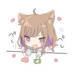  1girl :d afterimage ahoge animal_ear_fluff animal_ears bangs blush_stickers bongo_cat brown_hair cat_ears chibi commentary_request directional_arrow eyebrows_visible_through_hair fang grey_hoodie heart highres hood hood_down hoodie long_hair long_sleeves mafuyu_(chibi21) meme multicolored_hair open_mouth purple_eyes purple_hair smile solo streaked_hair twitter v-shaped_eyebrows white_background 