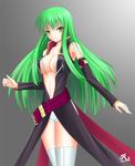  bangs boots breasts c.c. cleavage code_geass detached_sleeves green_hair indigorabbit large_breasts long_hair open_clothes open_shirt shirt shorts solo thigh_boots thighhighs yellow_eyes 