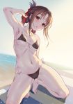  1girl arm_up armpits bangs bare_shoulders barefoot beach beach_towel bikini black_bikini black_hair blush breasts cameltoe collarbone covered_nipples day eyebrows_visible_through_hair folded_ponytail front-tie_bikini front-tie_top full_body hair_ribbon kaguya-sama_wa_kokurasetai_~tensai-tachi_no_renai_zunousen~ looking_at_viewer miazi navel open_mouth outdoors parted_bangs red_eyes red_ribbon ribbon shinomiya_kaguya side-tie_bikini sidelocks small_breasts solo stomach swimsuit towel 