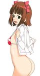  amami_haruka ass bad_id bad_pixiv_id bikini bottomless brown_hair green_eyes idolmaster idolmaster_(classic) idolmaster_1 kazuto_san ribbon short_hair solo swimsuit undressing 