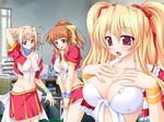  3girls blonde_hair blush breasts cheerful! cheerfull! cleavage female furuno_masashi furuno_shouji hair_ribbon long_hair multiple_girls nanami_ayane natsuki_futaba red_eyes ribbon sakuragi_yurika shirakaba_kozue short_hair uniform 