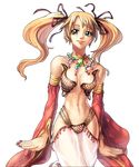  bare_shoulders blonde_hair bow breasts cleavage detached_sleeves earrings green_eyes gypsy gypsy_(ragnarok_online) hair_bow hair_ribbon harem_pants jewelry long_hair lowres medium_breasts midriff myung-jin_lee nail_polish non-web_source official_art pants purple_nails ragnarok_online ribbon smile solo transparent_background twintails 