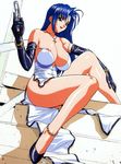  anklet areola_slip areolae blue_hair bracelet breasts cleavage copyright_request dress earrings elbow_gloves gloves gun handgun high_heels highres huge_breasts inoue_takuya jewelry legs long_hair long_legs pistol shoes side_slit sitting solo thighs weapon 