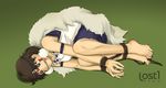  armband artist_name bare_arms barefoot bdsm blue_eyes bondage bound bound_wrists brown_hair cleave_gag cloth_gag earrings facepaint feet gag gagged green_background headband improvised_gag jewelry lost_one_zero mononoke_hime necklace rope san short_hair solo sweat 