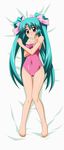  absurdres alternate_color_school_swimsuit blush cameltoe canal_vorfeed competition_school_swimsuit dakimakura full_body green_hair highres lost_universe lying one-piece_swimsuit pink_swimsuit purple_eyes ribbon school_swimsuit solo sugimura_tomokazu swimsuit undressing 