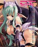  absurdres arm_garter bare_shoulders bent_over blue_eyes breasts calendar_(medium) cleavage copyright_request covered_nipples demon_girl demon_wings elbow_gloves frills garters gloves green_hair hair_ribbon hairband highres horns large_breasts maid miwa_yoshikazu pointy_ears ribbon scan smile solo wings 