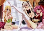  absurdres barefoot bed blonde_hair blush bra breasts cleavage crin elf faata feet garter_belt highres kannatsuki_noboru large_breasts leg_up legs lingerie long_hair long_legs maou_to_odore!_ii marie_grenoble multiple_girls panties pink_hair pointy_ears thighhighs thighs twintails underwear underwear_only undressing white_hair white_legwear 