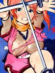  breasts cleavage fishnets igarasy large_breasts ninja original red_hair solo sword torn_clothes weapon 