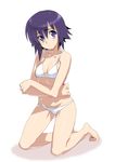  bamboo_blade barefoot bikini flat_chest kneeling poporon purple_eyes purple_hair short_hair swimsuit 