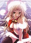  absurdres ahoge bare_shoulders bell breasts brown_hair christmas cleavage copyright_request covered_nipples green_eyes hat highres large_breasts miyama-zero naughty_face navel no_bra sack santa_costume santa_hat smile snow solo thighhighs 