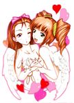  angel angel_wings bad_id bad_pixiv_id blush bow breasts brown_hair bunny flat_chest green_eyes hair_bow hairband heart holding_hands idolmaster idolmaster_(classic) idolmaster_1 long_hair minase_iori multiple_girls one_eye_closed panties pink_bow pink_hair ribbon shiina_you_(tomoshibi) short_hair sideboob small_breasts smile stuffed_animal stuffed_bunny stuffed_toy takatsuki_yayoi topless twintails underwear white_panties wings 