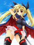  bardiche blonde_hair breasts cape covered_nipples fate_testarossa hair_ribbon hotori_(sion) large_breasts long_hair lyrical_nanoha mahou_shoujo_lyrical_nanoha_strikers red_eyes ribbon solo thighhighs twintails 