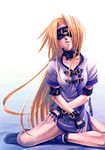 blindfold blonde_hair bottomless chain facing_viewer fingerless_gloves gloves guilty_gear long_hair millia_rage solo tears uraomote 