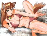  animal_ears barefoot bell bell_collar bikini breasts brown_hair collar copyright_request huge_breasts long_hair lying solo swimsuit tail ueyama_michirou 